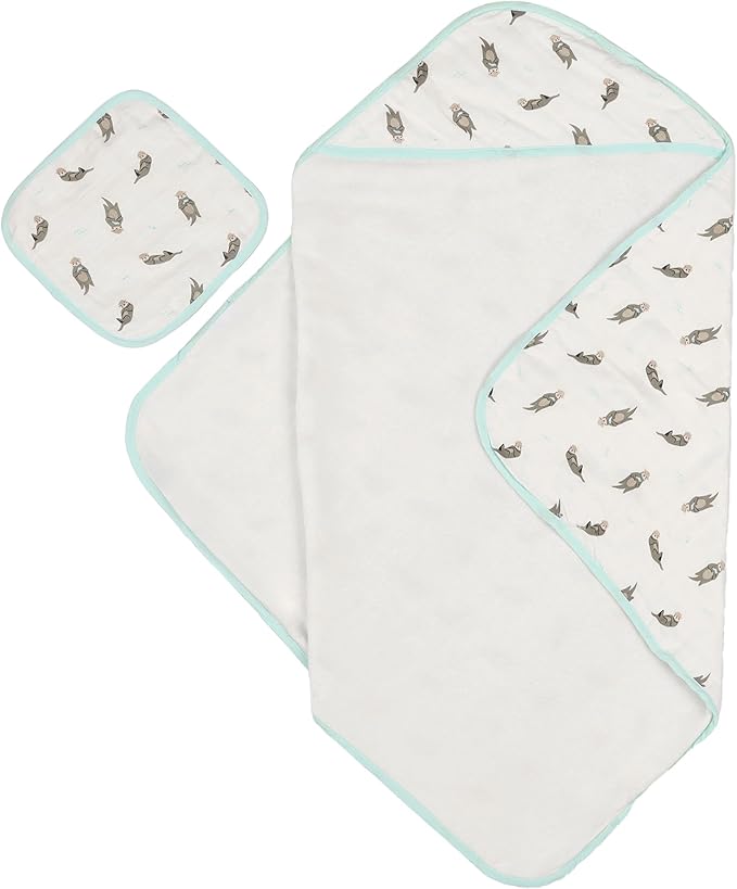 Bamboo Viscose Baby Hooded Towel & Washcloth Set for Babies and Toddlers, Soft & Absorbent, 70% Viscose from Bamboo, 30% Cotton Muslin - Imported (Otter)
