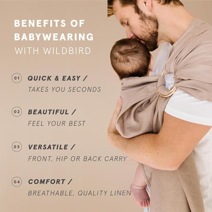WildBird - Ring Sling Baby Carrier - Newborn to Up to 35 lbs - for Moms, Dads & Caregivers - 100% Natural European Linen Fibers - Versatile & Adjustable - 74” Size - Desert Lark Fabric & Gold Ring