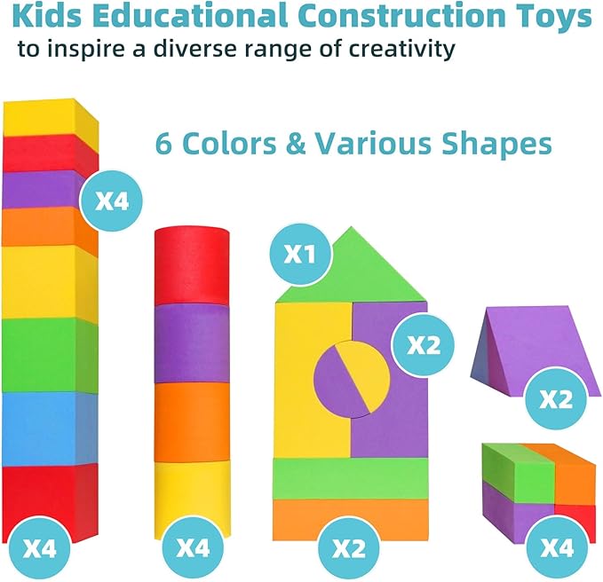 Suitable Size Foam Building Blocks for Toddlers 18M+, Big Soft Stacking Blocks Toys, Baby Bath Toys, Sensory & Early Development Toys for Kids 1.5 Years Up (Starter Kit)