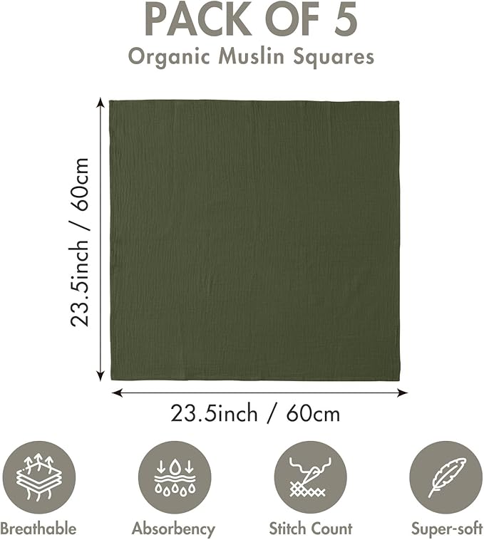 Muslin Receiving Blankets, Neutral Blanket Swaddling for Newborn Boys and Girls, 5 Pack Breathable and Skin-Friendly Swaddle Wrap for Infant Baby (Bright Leaves)