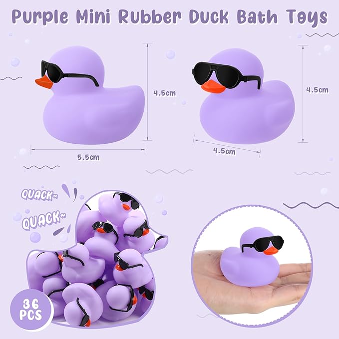 Sosation 36 Packs Mini Rubber Ducks with Sunglasses Sets 2.2 Inch Bath Squeaky Rubber Duckies Cute Float Bathtub Toys for Christmas Birthday Party Favors Class Prizes Car Decor(Light Purple)