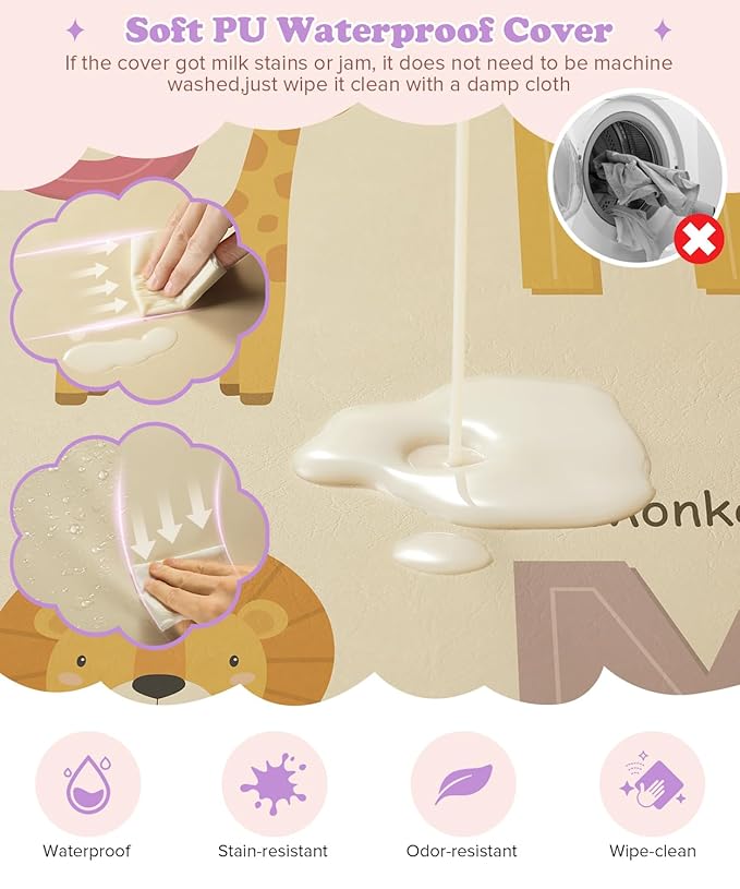 59x59Inch Baby Mat for Floor,1.2Inch Thick Foam Crawling Mat for Babies,Waterproof Floor Cushioned,Kids Playroom Playmat,Wipeable Washable Vegan Leather Padded Memory Foam Playmat for Infant