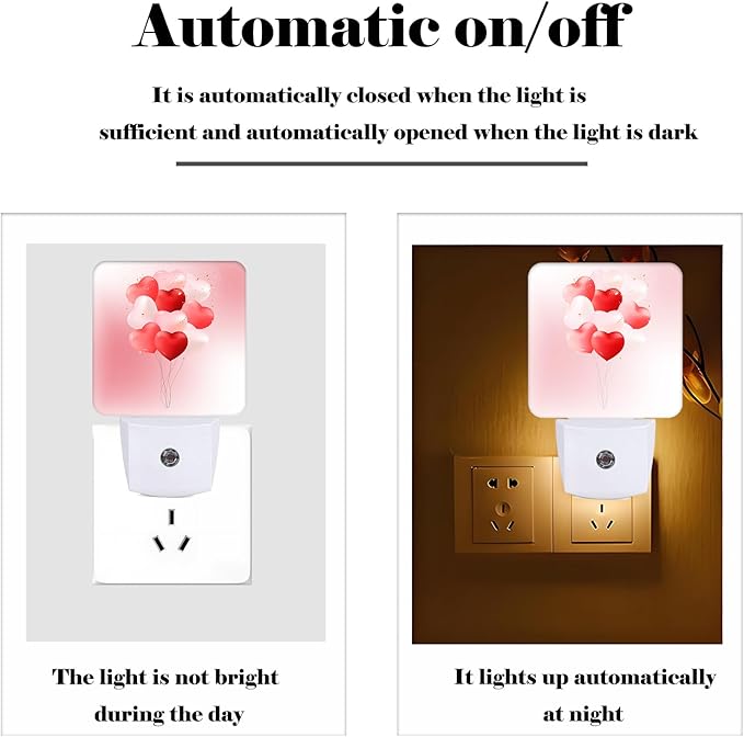 Pink Candy Heart Balloons Night Light,Plug-in Night Lights with Dusk-to-Dawn Sensor for Stairway,Hallway,Bedroom Sleep Friendly Ideal for Women/Girls/Boys Gift,0.5w