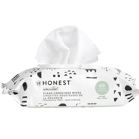 The Honest Company Clean Conscious Multi-Use Wipes Hypoallergenic and Unscented for Sensitive Baby Skin Over 99% Water Compostable Plant Based Baby Wipes Pattern Play 60 Count