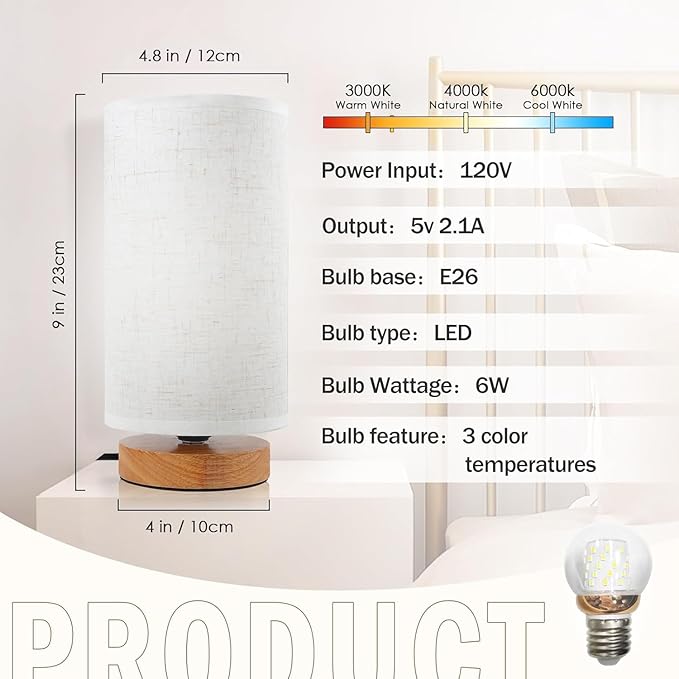 3-Color Adjustable Bedside Table Lamp for Bedroom,Minimalist Wood Base&Round Fabric Shade,Cozy Lighting Nightstand Boho Lamp,Study Reading Desk Night Stand Light for Living Room,Office,kitchen,Nursery