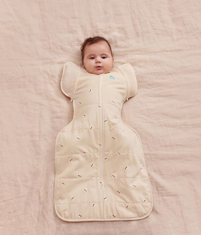 Love to Dream Swaddle UP, Transition Bag Warm 2.5 TOG, Patented Zip-Off Wings, Gently Help Baby Safely Transition from Being Swaddled to Arms Free Oatmeal Bees, Large 19-24 lbs.