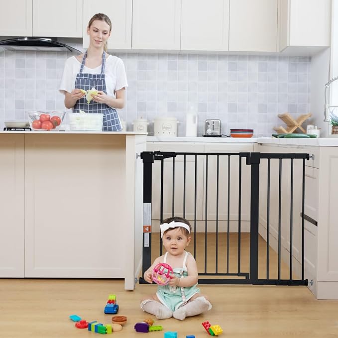 COMOMY 30" Tall Baby Gate for Stairs Doorways, Fits Openings 29.5" to 43.3" Wide, Auto Close Extra Wide Dog Gate for House, Pressure Mounted Easy Walk Through Pet Gate with Door, Black