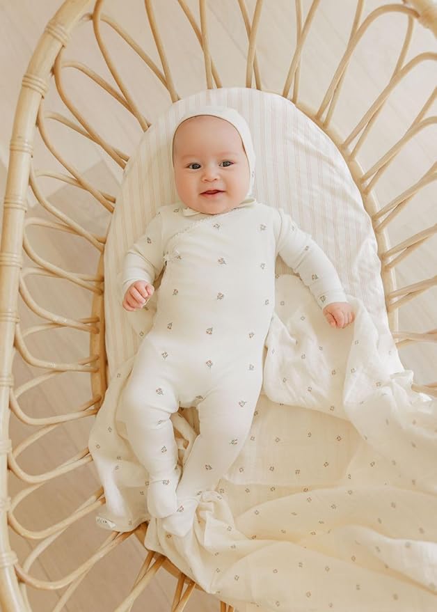 Ely's & Co. Cotton Muslin Swaddle Blanket with Scallop Trim, 1-Pack for Baby Girl— 100% Cotton Muslin Extra-Large Swaddle Blankets (47” x 47”) Ivory Tulip