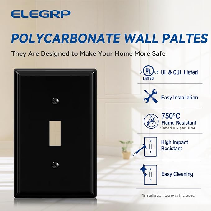 ELEGRP 1-Gang Mid Size Toggle Switch Covers, Light Switch Wall Plate, Unbreakable Polycarbonate Replacement Faceplates Covers, UL Listed, Color-matched Screws Included (1 Pack, Glossy Black)