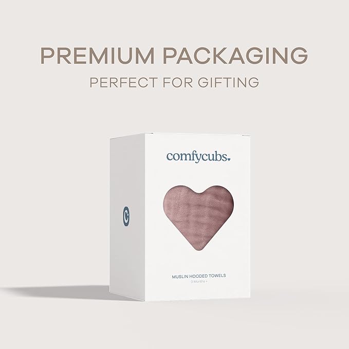 Comfy Cubs Hooded Baby Towel 1-Pack, Large 32 x 32 Inch - 6 Layer 100% Muslin Cotton for Babies, Toddlers and Kids - Soft & Absorbent Baby Bath Towels - Unisex Design for Bath Time - Mauve