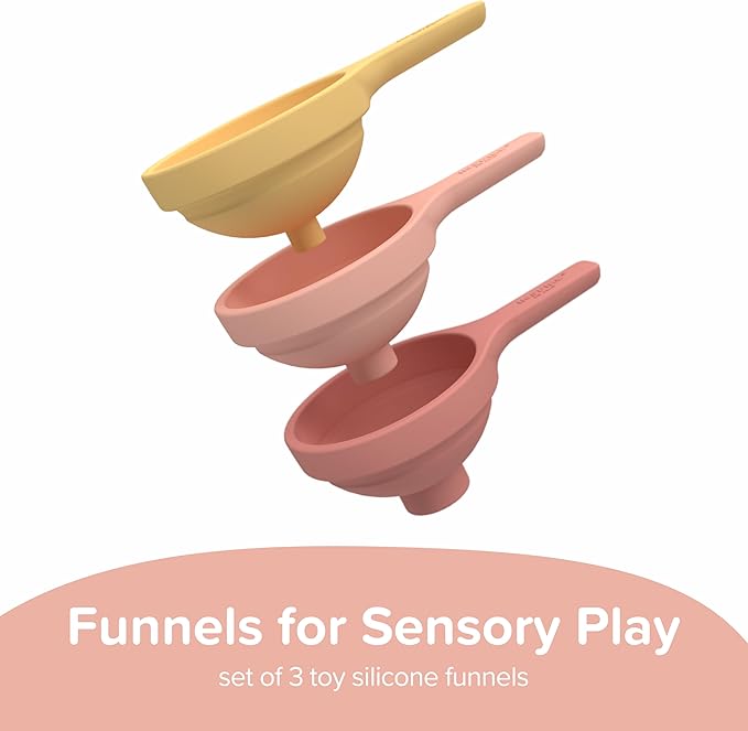 Inspire My Play 3 x Coral Silicone Collapsible Funnels for Kids - Sensory Play Funnel Toys for Kids - Pouring Toys for Toddlers - Food Safe Sensory Bin Tools and Accessories