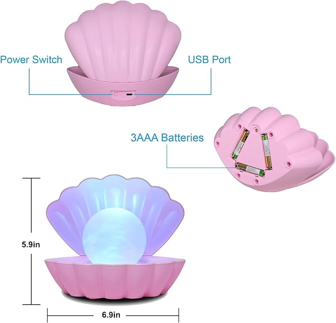 Shell Pearl Beach Themed Night Light, RGB 8 Colors Changing Mood Shell Pearl Lamps, Bedside LED Clamshell Portable Night Lights for Bar (Pink)