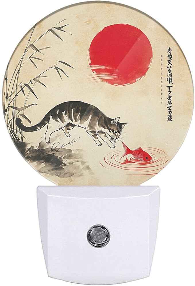 EKOBLA Fish in Pond LED Night Light Red Sun Bamboo Branch Cute Cat Play with Fish Dusk to Dawn Plug-in Nightlights Auto Sensor for Home Indoor Bathroom Hallway Kitchen