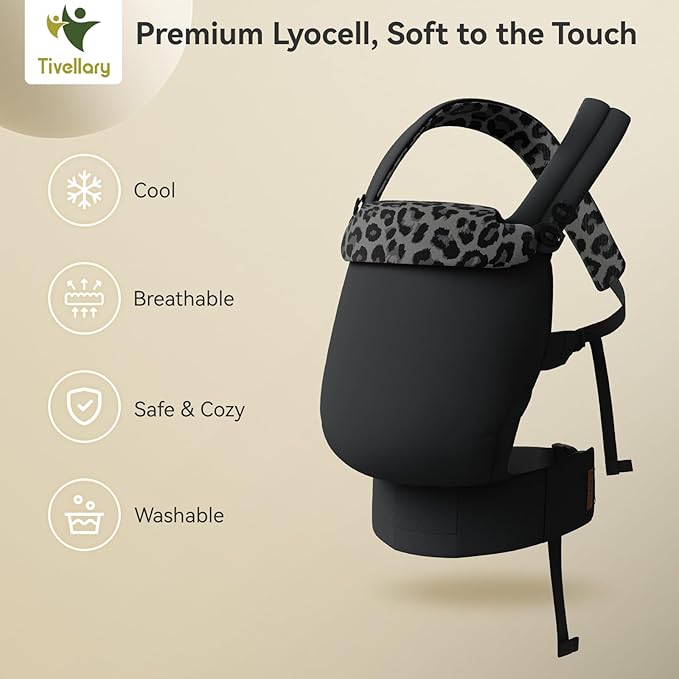Reversible Baby Carrier – Black Solid & Leopard Print; Lightweight & Breathable Lyocell Fabric; Ergonomic Lumbar Support and Quick Hands-Free Wear for Newborn to Toddler (7–44 lbs)
