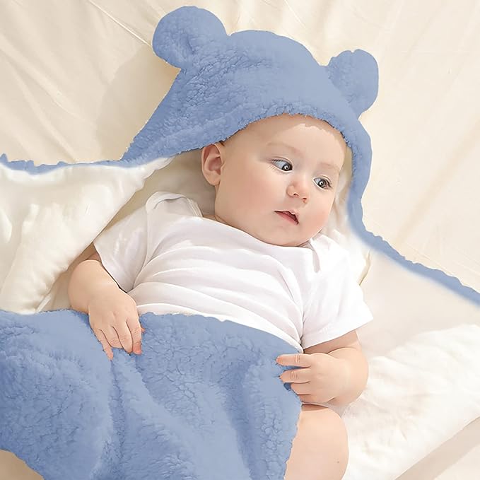 Baby Swaddle Blanket Boys Girls Cute Bear Plush Essential Receiving Blanket Ultra-Soft Newborn Registry Sleeping Wraps for Infant 0-6 Months - Blue