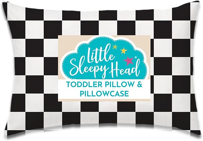 Little Sleepy Head Toddler Pillow with Pillowcase 13x18 - Kids Pillow for Sleeping - Better Neck Support Ergonomic Pillow and Toddler Pillowcase - Best Pillows for Kids (Checkers Black)
