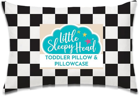 Little Sleepy Head Toddler Pillow with Pillowcase 13x18 - Kids Pillow for Sleeping - Better Neck Support Ergonomic Pillow and Toddler Pillowcase - Best Pillows for Kids (Checkers Black)