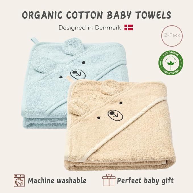 Baby Hooded Towel – Organic Cotton Baby Bath Towels, 32" x 32" Super-Soft and Absorbent Baby Towels for Newborn 2-Pack (Bear Fog/Baby Blue)