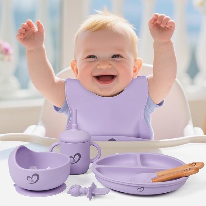 Silicone Baby Feeding Set 13 Pcs,Baby Led Weaning Supplies, Baby Spoons Suction Bowl Divided Plate Bib Cup Finger Brush,First Stage Solid Food Eating Utensils - 6 Months + (Pink)