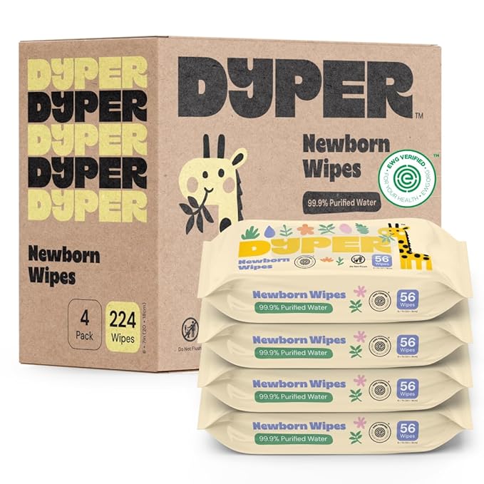 DYPER - Newborn Baby Wipes - 99.9% Water, 100% Plant-Based, Unscented & Hypoallergenic, Soft for Sensitive Skin, Plastic-Free, Skin-Friendly Ingredients - 4 Pack (224 Wipes)
