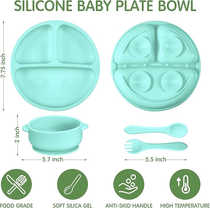 Chengu 12 Pcs Silicone Bowl with Suction Set for Baby Toddler with Suction Plate, Spoon and Fork, Divided Design Baby Feeding Utensils Weaning Kit, Dishwasher and Microwave Safe