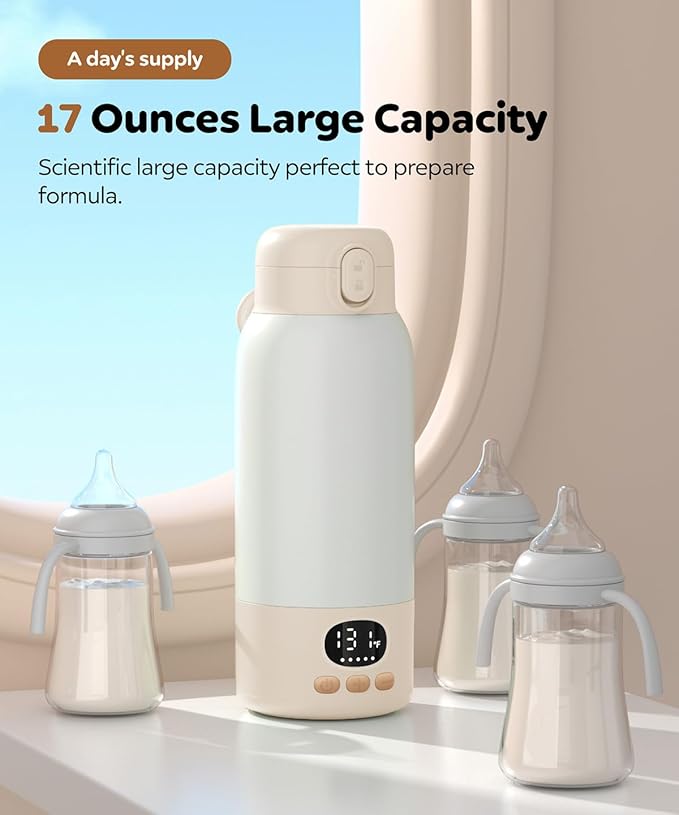 Portable Bottle Warmer for Travel, Milk Warmer for Breast Milk Formula & Water with Fast Heating & Smart Temperature Control,17oz Large Capacity