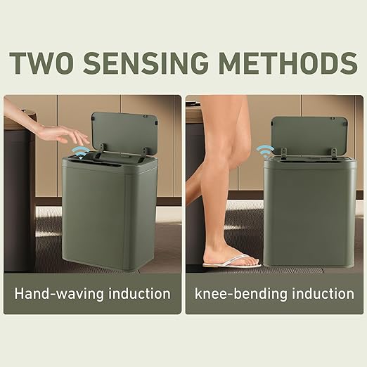 ELPHECO Stainless Steel Office Trash Can Motion Sensor Garbage Can Touchless Smart Trash Can Automatic Waste Bin for Kitchen, Office, Bathroom (Avocado Green, 3.5 Gallons)