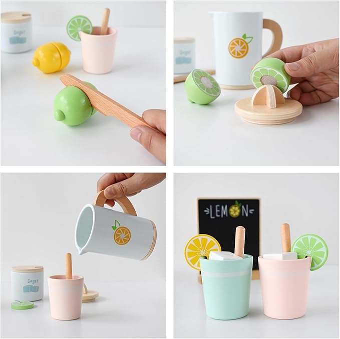 PairPear Wooden Lemonade Stand Play Set, Kids Play Food Pretend Play Lemonade Stand Play Set, Montessori Pretend Kitchen & Market Toy for Toddlers Ages 3+