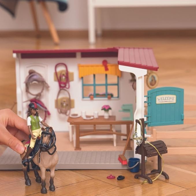 Schleich Horse Club - 85 PC Tack Room Stable Extension Toy Playset with Rider Sarah Action Figure, Horse Figurine and Accessories for Girls and Boys - Interactive, Realistic Kids Toys Ages 5+ | 42591