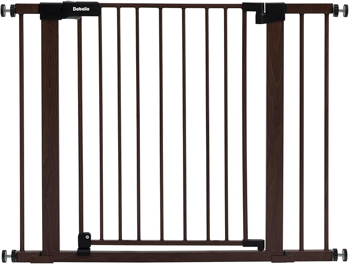 Mom's Choice Award Winner-BABELIO 26-40" Metal Baby Gate with Black Wood Pattern, PressGuard C5 Easy Install Pressure Mounted Dog Gate for Stairs and Doorways, with Wall Protectors and Extension Kits