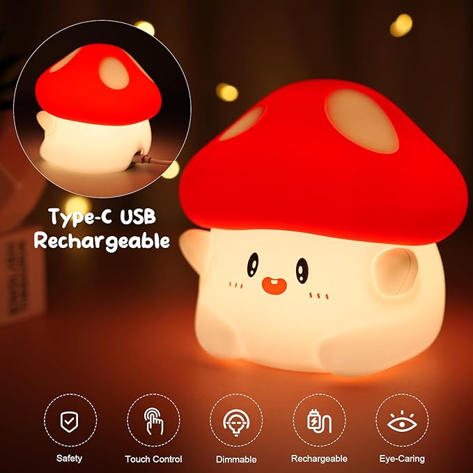 Mushroom Night Light Lamp Silicone Squishy Cute Nursery Nightlight Rechargeable Bedside Lamp with Timer & Tap Control, Christmas Gift