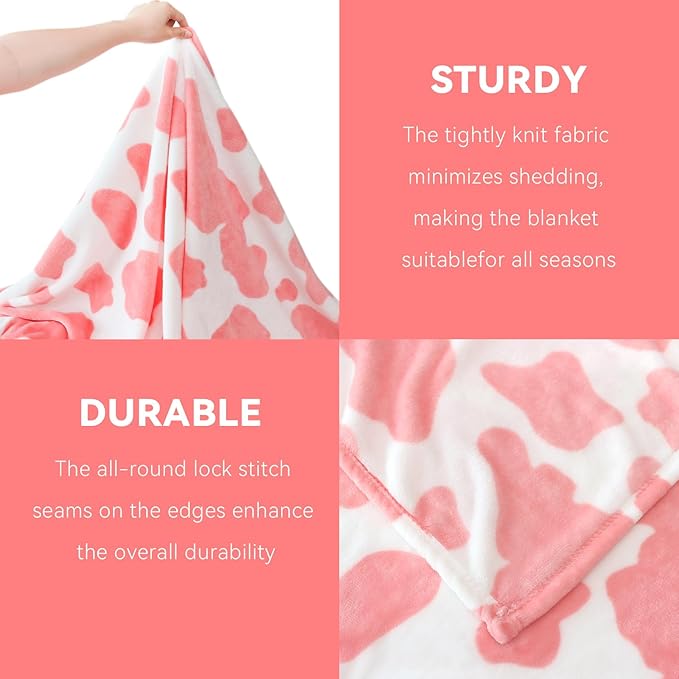 Light Pink Kids Blanket - Soft Fleece Cow Print Throw for Nursery, Crib, Stroller - Cute Girls Birthday Gifts, Room Decor 40"x50"