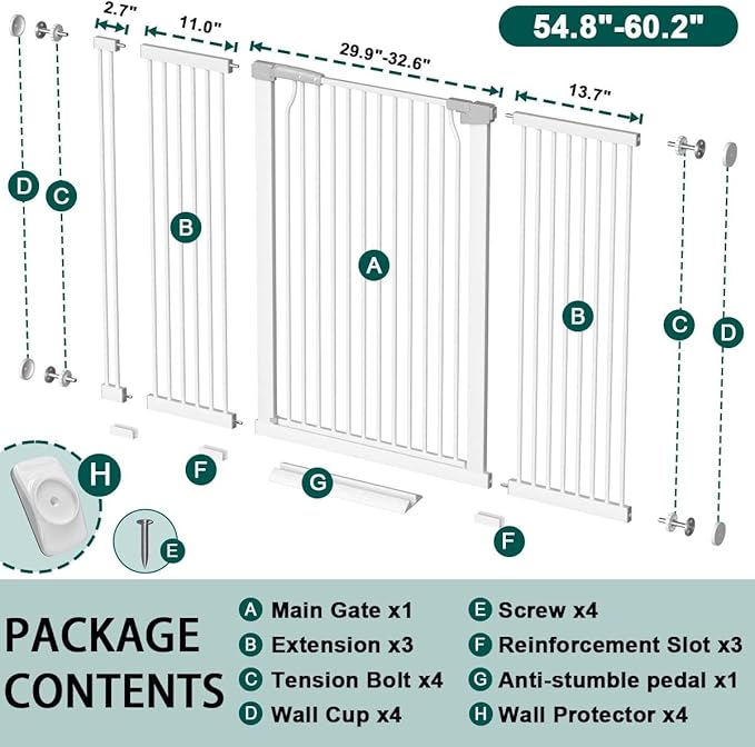 Fairy Baby 40.5" Extra Tall Baby Gates for Doorways, 54.8"-60.2" Extra Wide Dog Pet Gate for House, Metal Pressure Mounted Walk Through Baby Gate, No Drill Safety First Child Gate for Doorways, White