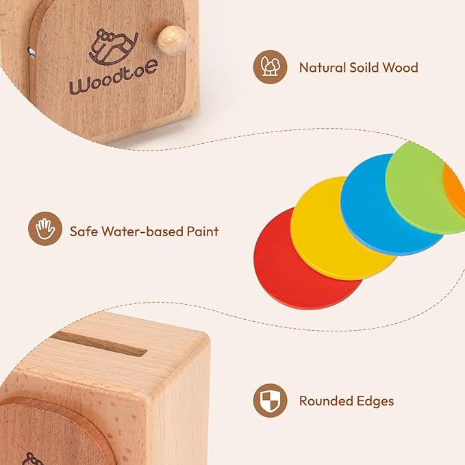 Woodtoe Montessori Coin Box for Toddlers, Montessori Toys for 1 2 3 Year Old, Fine Motor Skills Toys, Wooden Color Sorting Sensory Toy, Object Permanence Learning Matching Travel Game for Boys Girls
