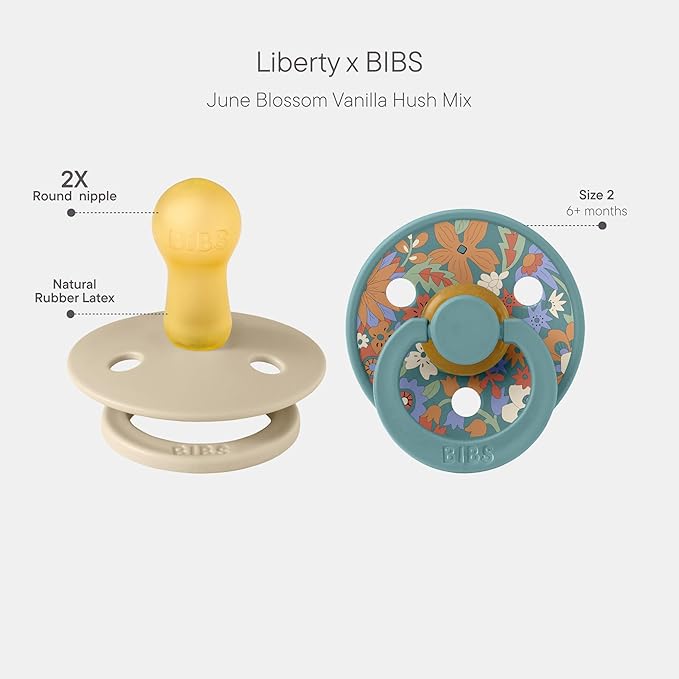 BIBS Colour Liberty Soother 2-Pack, BPA Free Dummy Pacifier, Round Nipple. Natural Rubber Latex, Made in Denmark, Size 2 (6-18 Months), June Blossom Vanilla Hush Mix