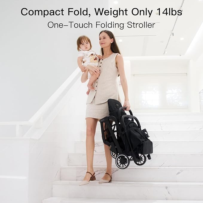 Compact Fold Baby Stroller, Lightweight Travel Toddler Stroller with One-Click Fold, Extendable UPF50+ Canopy, Cup Holder, UV Protected and Waterproof, One-Hand Folding - Black