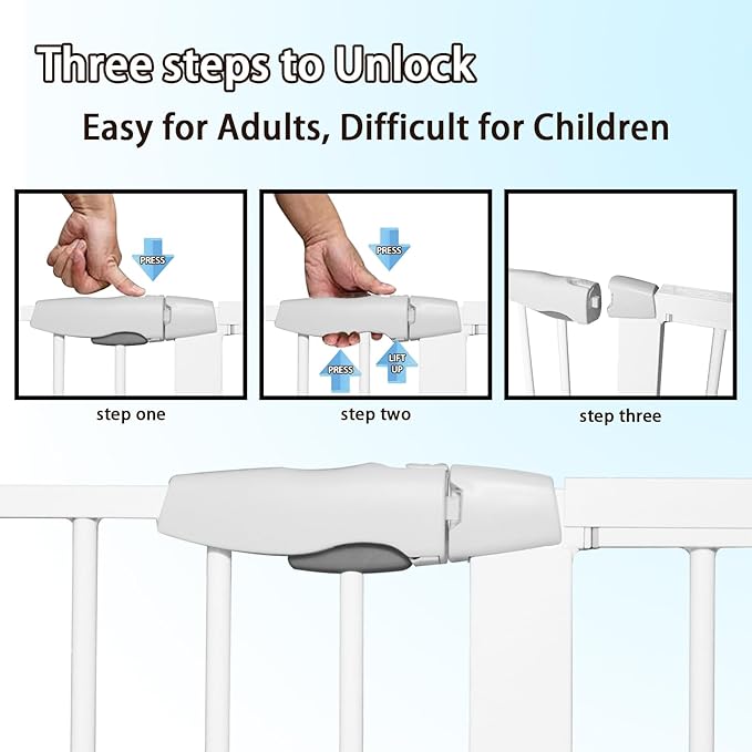115“-134.6" Wide Baby Gate for Stairs, Mom's Choice Awards Winner-Self Closing Dog Gate Indoor for Doorways, No Drilling Pressure Mounted Pet Gates for Kids, Easy Walk Through Safety Gate, White.