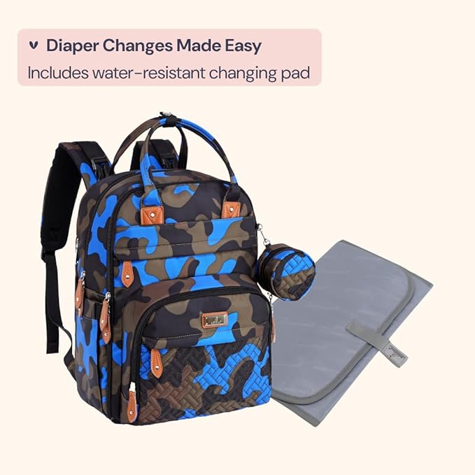 BabbleRoo Diaper Bag Backpack - Baby Essentials Travel Tote - Multi function Waterproof Diaper Bag, Travel Essentials Baby Bag with Changing Pad, Stroller Straps & Pacifier Case - Unisex, Blue Camo