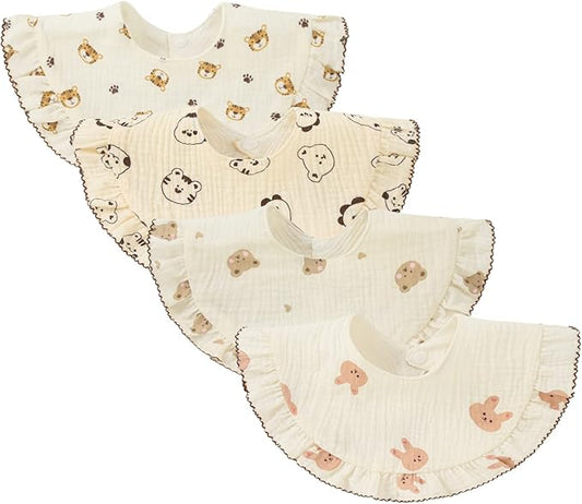 Nishine 4 pcs Unisex Baby Muslin Bandana Drool Bibs 360 Degree Rotatable Cotton Teething Feeding Drooling Bibs for Boy Girl