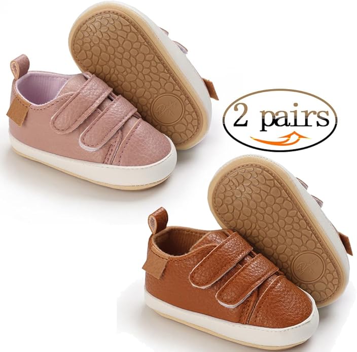2Pairs Baby Shoes,Boys Girls Non-Slip Rubber Sole Sneakers,Unisex Infant Soft Lightweight First Walking Crib Shoes