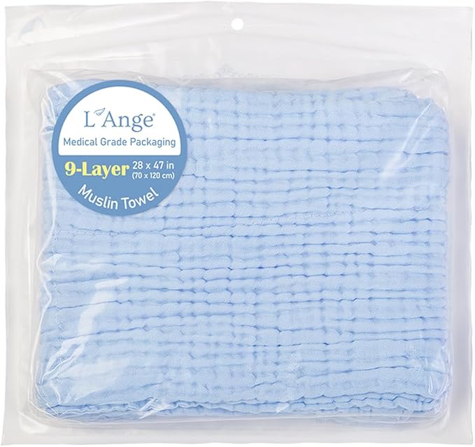 L'Ange Baby Bath Towel - 9 Layers 100% Cotton Muslin, Super Quick Dry, Medical Grade Packaging for Infants and Newborns - 28 x 47in - Blue