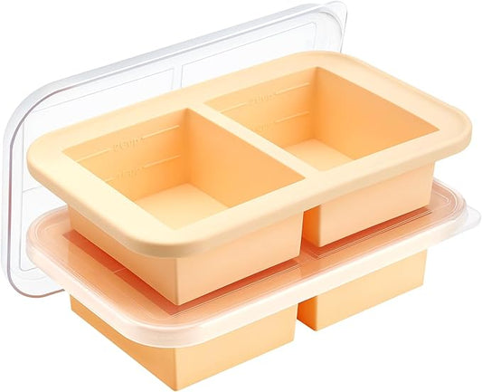 Super Ice Cube Tray 2 Cup X 2 Portions Big Silicone Freezing Mold with Lid, for Soup&Meal, Prep Food Leftovers Freezer Storage Container, 2Pack