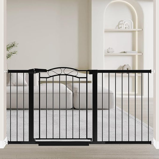 Black Baby Gate with Door-Walk Through Baby Gates for Stairs Pressure Mounted no Drill-Indoor Tension Metal Child Pet Dog Safety Gate 59.84"-62.59" Wide