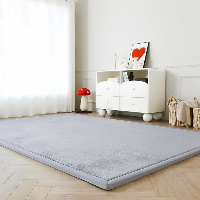 Loartee Faux Rabbit Fur Rug - 1.18" Thick Soft Fluffy Area Rug, Non-Slip Memory Foam Crawling Mat, Light Gray, 59"x59"