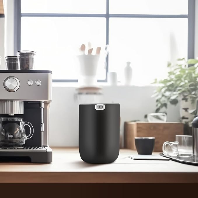 EKO Mini Desk Trash Can with Swing-Top Lid 0.4 Gallon Small Table Round Wastebasket for Office, Home, Car (Black)