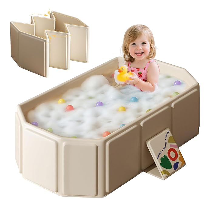 Collapsible Bathtub 29.5×17.7×9.8 in with Drain Plug Foldable Bath Tub for Toddlers and Pets Easy to Store Lightweight for Home, Outdoor or Travel (White)