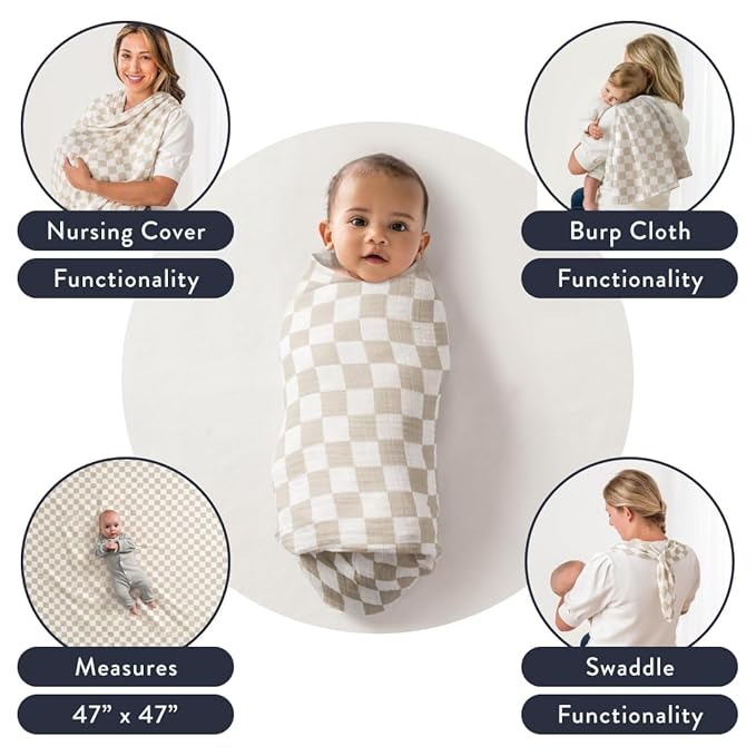 Itzy Ritzy Breastfeeding Boss Multi-Use Cover – A Nursing Cover, Swaddle, Car Seat Wrap, Tummy Time Mat & Burp Cloth All in One – Made of Soft Muslin Fabric & Measures 47” x 47” (Checkerboard)