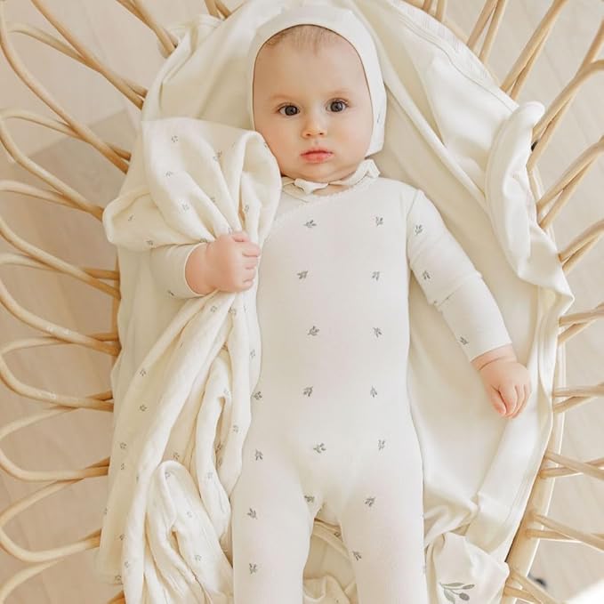 Ely's & Co. Cotton Muslin Swaddle Blanket with Scallop Trim, 1-Pack for Baby Boy or Girl— 100% Cotton Muslin Extra-Large Swaddle Blankets (47” x 47”) Ivory Berry