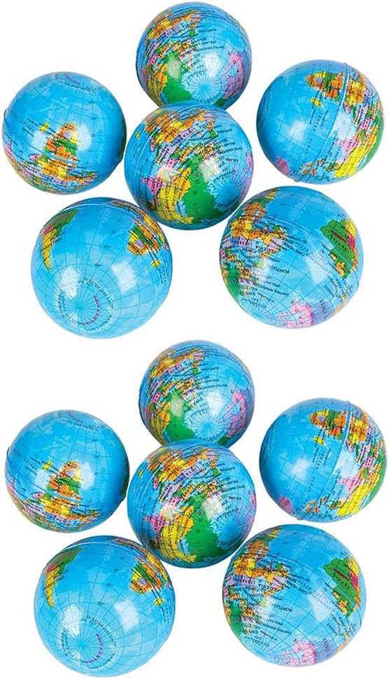 The Dreidel Company World Globe Squeeze Ball Bunch Stress Ball, Planet Soft Foam Stress & Anxiety Relief Toy, Planet Earth, 3" Inches - (Pack of 12)