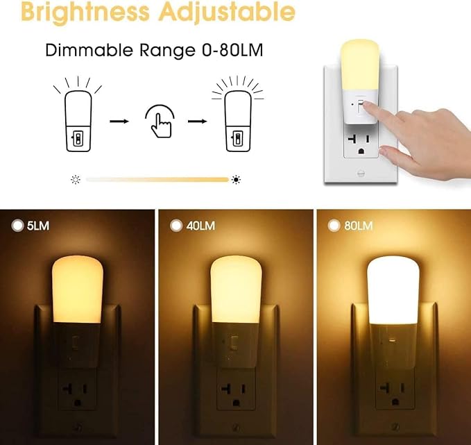 LOHAS Plug in Night Light, Dimmable LED Night Lights With Dusk to Dawn Sensor, Soft White 3000K Sleep Nightlight, Adjustable Brightness 5-80lm Mini Light for Nursery Kids Room Hallway Kitchen, 2 Pack